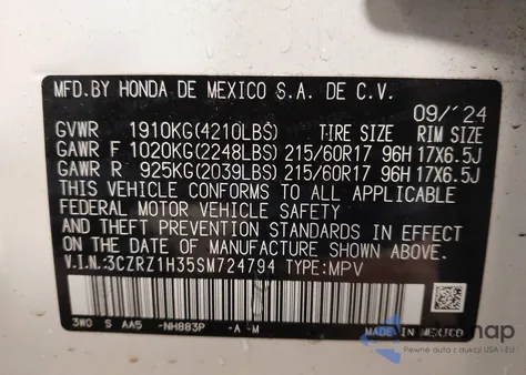 2025 Honda Hr-V 2Wd Lx из США, поврежденный, VIN 3CZRZ1H35SM724794